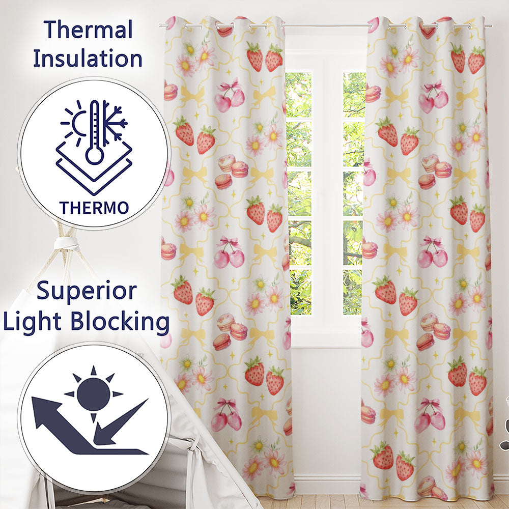 Strawberry Cherry Daisy   White Yellow  Coquette Floral Design  Readymade Eyelet Ring Top Thermal 100% Blackout Curtains