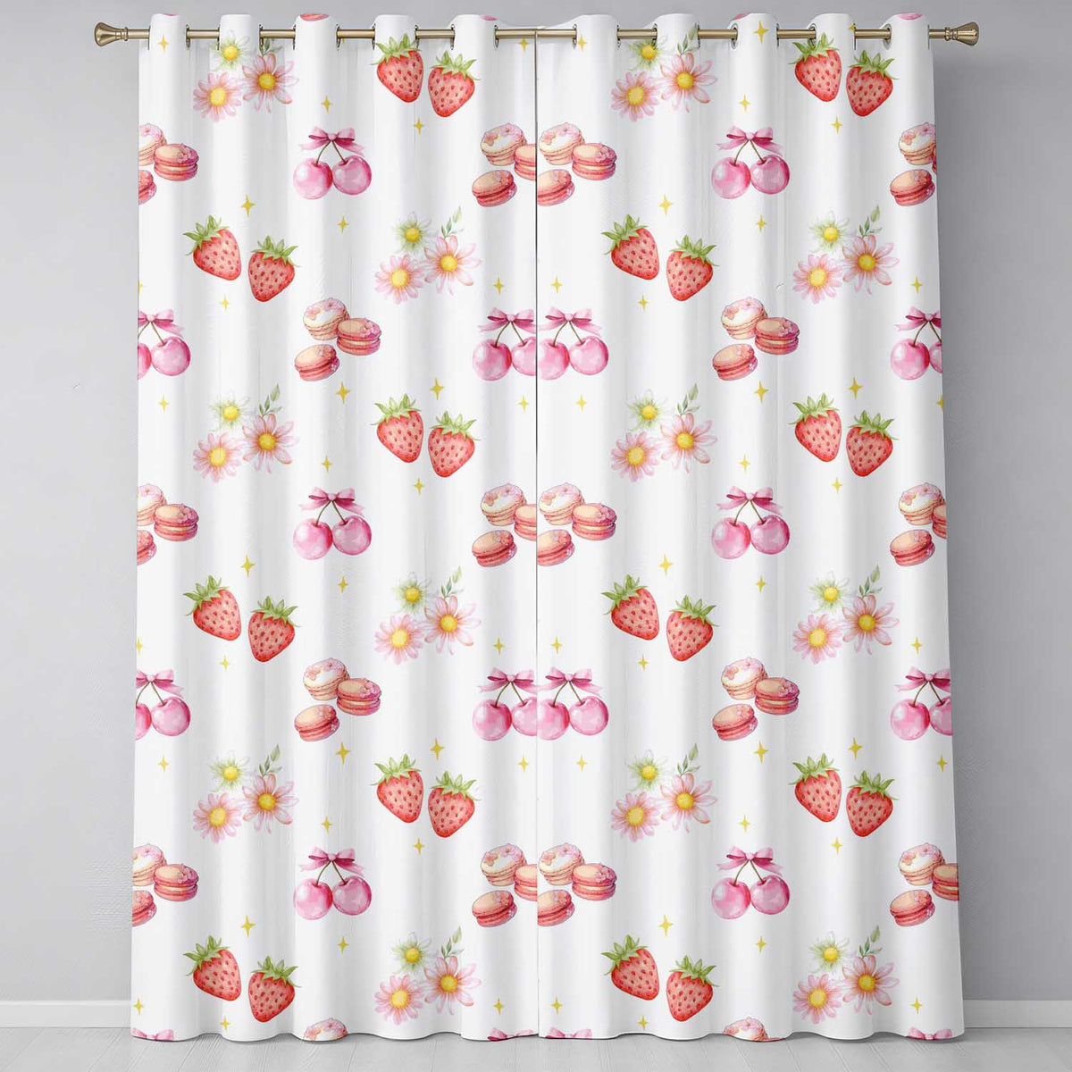 Strawberry Cherry Daisy   White Minimal  Coquette Floral Design  Readymade Eyelet Ring Top Thermal 100% Blackout Curtains