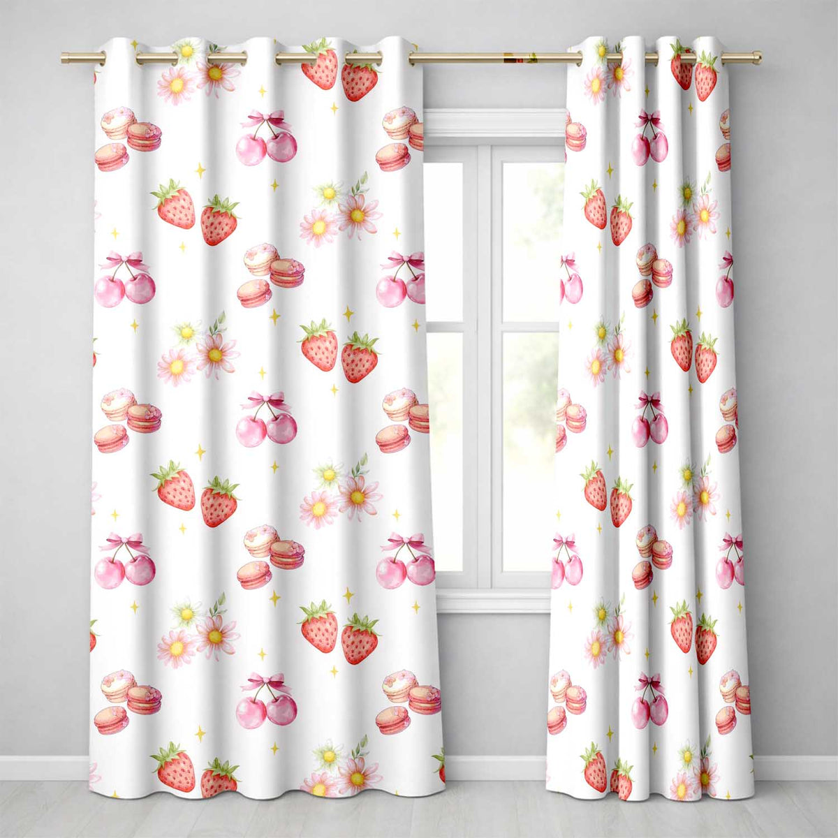 Strawberry Cherry Daisy   White Minimal  Coquette Floral Design  Readymade Eyelet Ring Top Thermal 100% Blackout Curtains