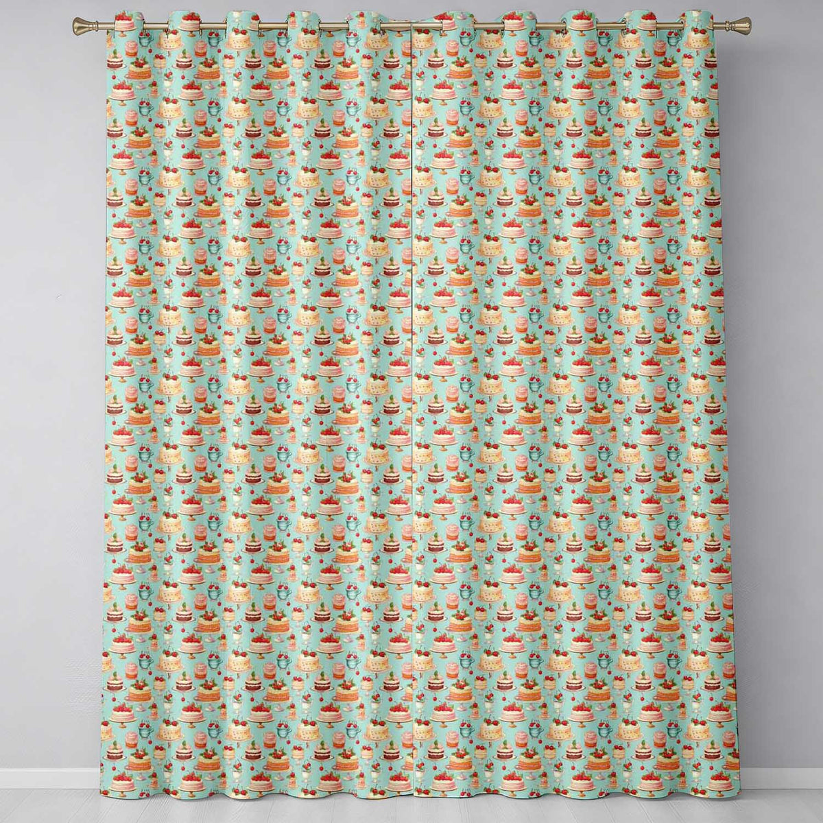 Cherry Chocolate Cake Seamless  Teal Background Dessert Sweet Food Design  Readymade Eyelet Ring Top Thermal 100% Blackout Curtains