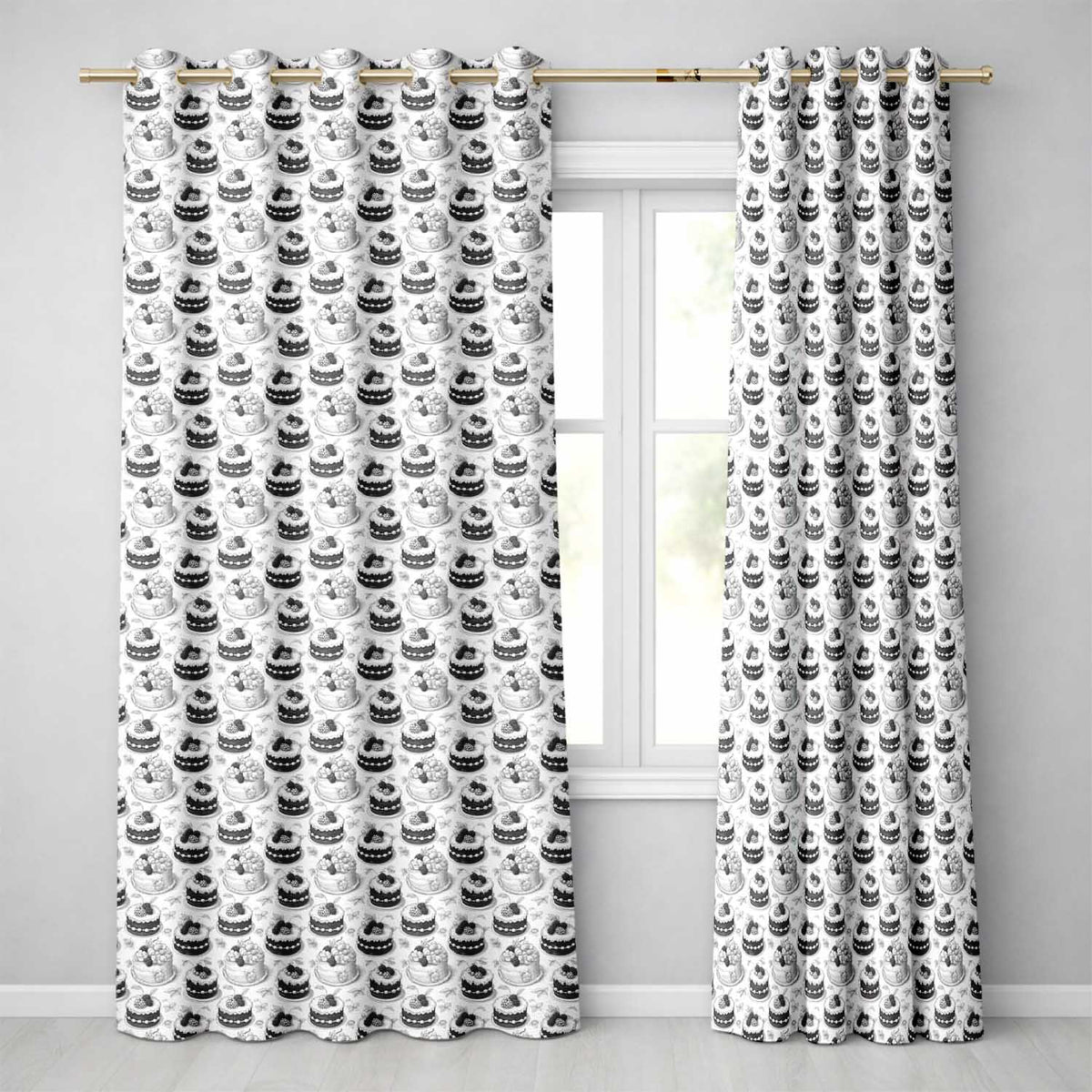 Black White Cake Seamless  Minimal Dessert Food Illustration Design  Readymade Eyelet Ring Top Thermal 100% Blackout Curtains
