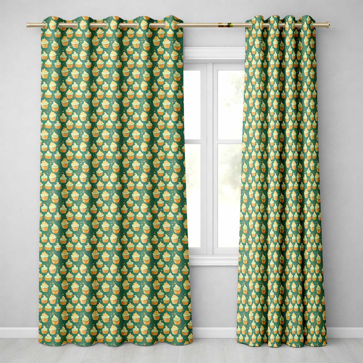 Cupcake Dessert Seamless  Dark Green Sweet Food Illustration Design  Readymade Eyelet Ring Top Thermal 100% Blackout Curtains