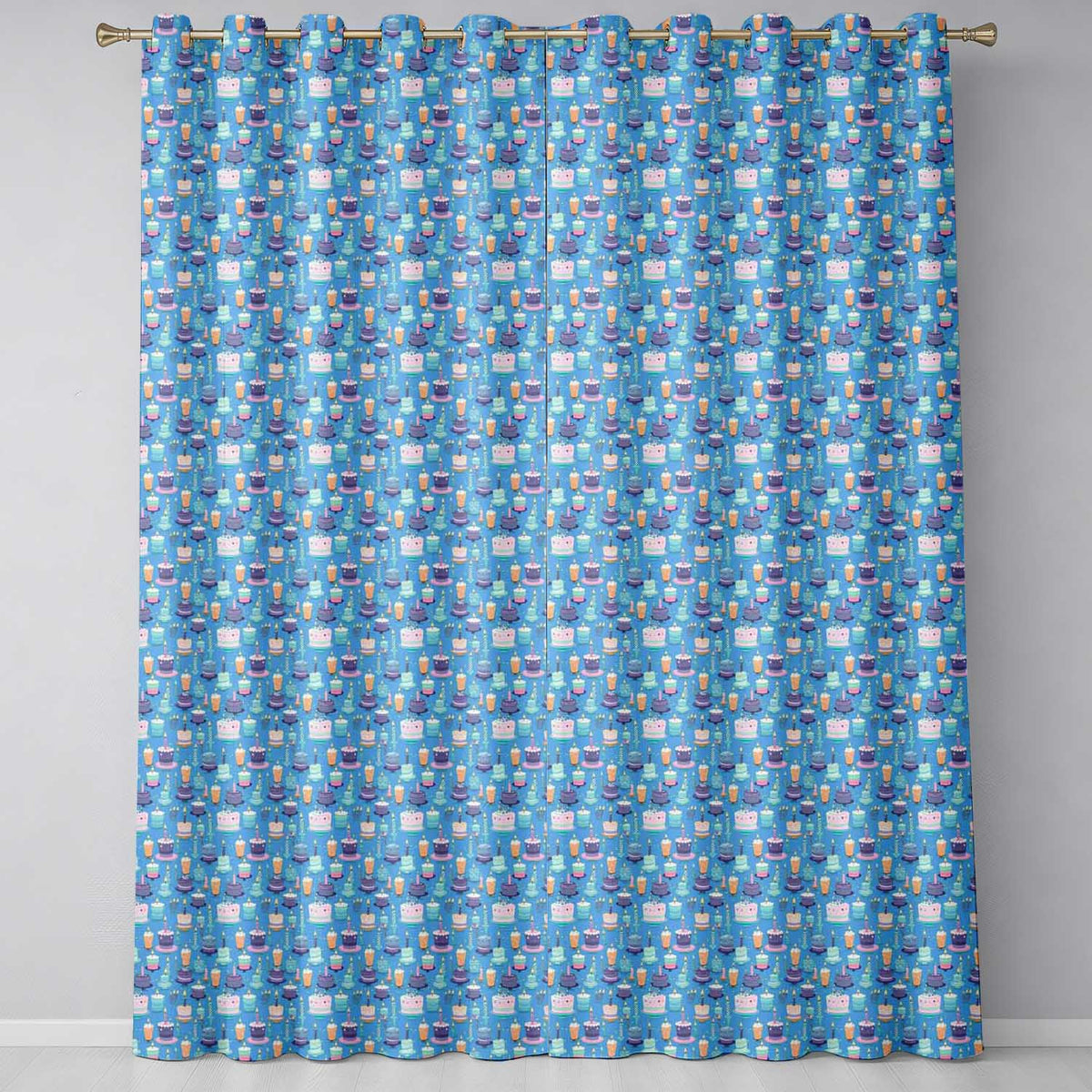 Blue Floral Cake Seamless  Botanical Dessert Food Design  Readymade Eyelet Ring Top Thermal 100% Blackout Curtains