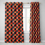 Abstract Orange Black Checkered Marble Geometric  Readymade Eyelet Ring Top Thermal 100% Blackout Curtains
