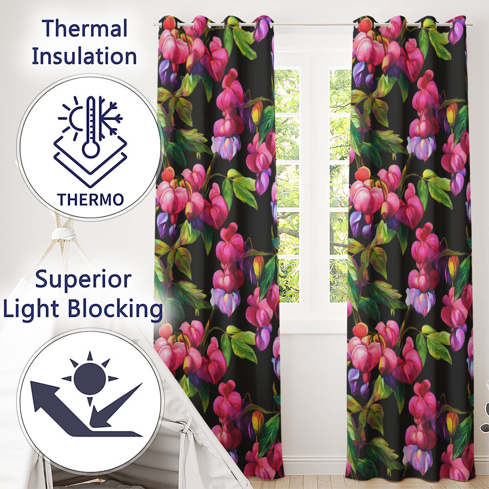 Vibrant Pink Bleeding Heart Flowers Dark Background Floral  Readymade Eyelet Ring Top Thermal 100% Blackout Curtains