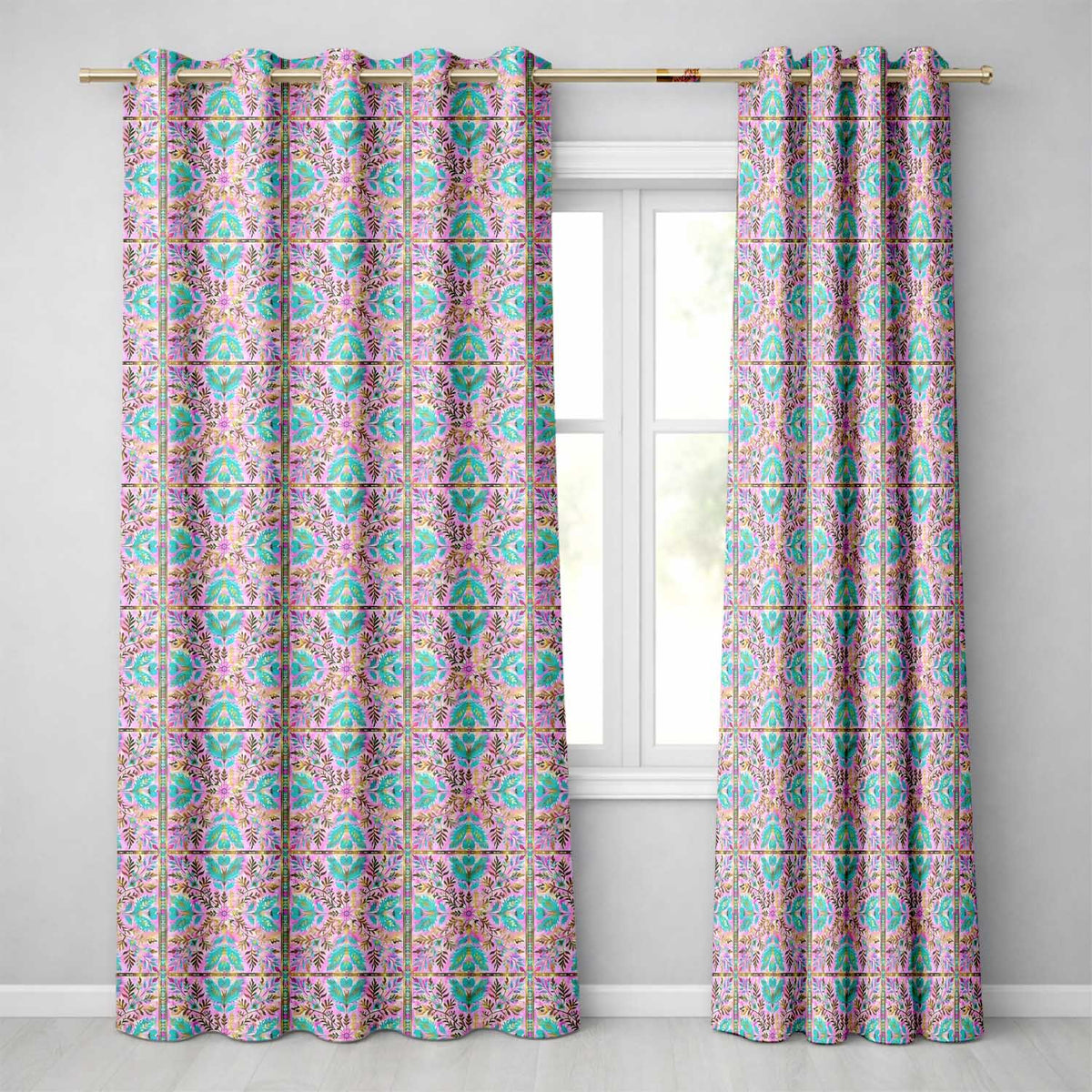 Pastel Pink Teal Folk Art Floral Tile  Decorative  Readymade Eyelet Ring Top Thermal 100% Blackout Curtains