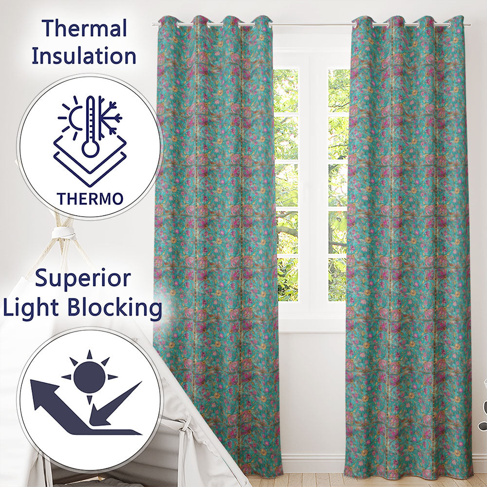 Turquoise Pink Vintage Floral Tile  Ornamental Design  Readymade Eyelet Ring Top Thermal 100% Blackout Curtains