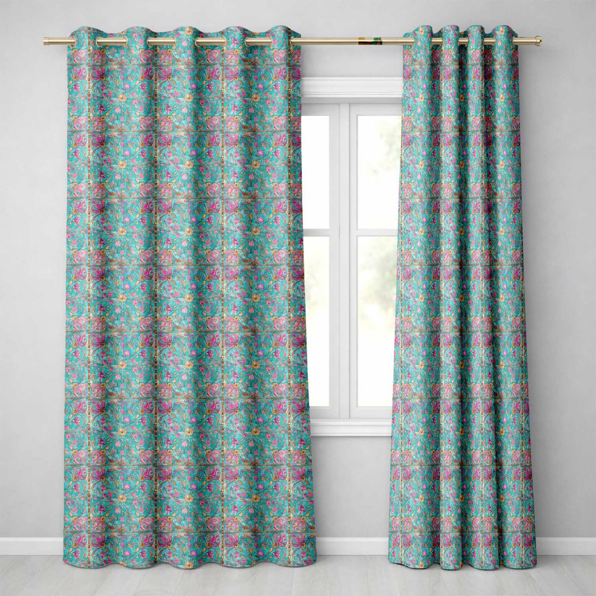 Turquoise Pink Vintage Floral Tile  Ornamental Design  Readymade Eyelet Ring Top Thermal 100% Blackout Curtains