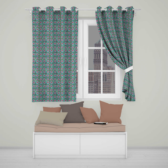 Teal Pink Daisy Floral Tile  Vintage Ornamental Design  Readymade Eyelet Ring Top Thermal 100% Blackout Curtains