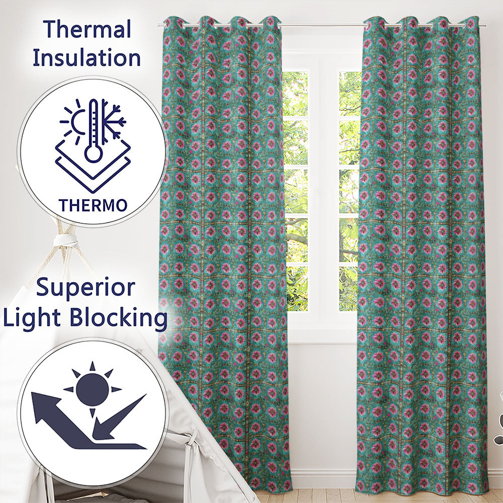 Teal Pink Daisy Floral Tile  Vintage Ornamental Design  Readymade Eyelet Ring Top Thermal 100% Blackout Curtains