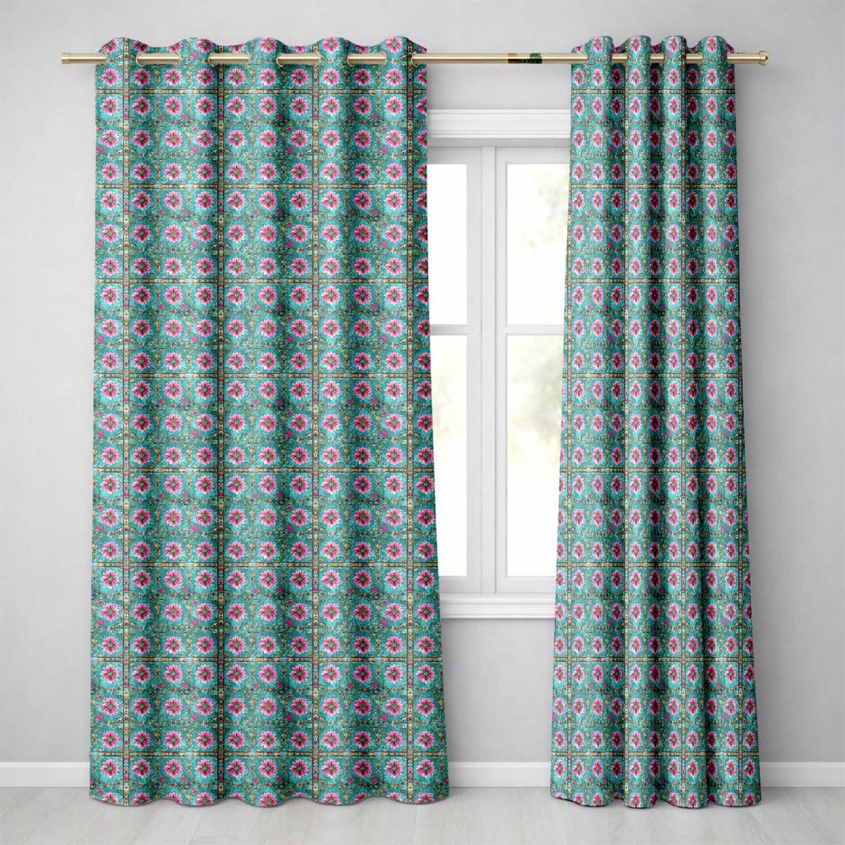 Teal Pink Daisy Floral Tile  Vintage Ornamental Design  Readymade Eyelet Ring Top Thermal 100% Blackout Curtains
