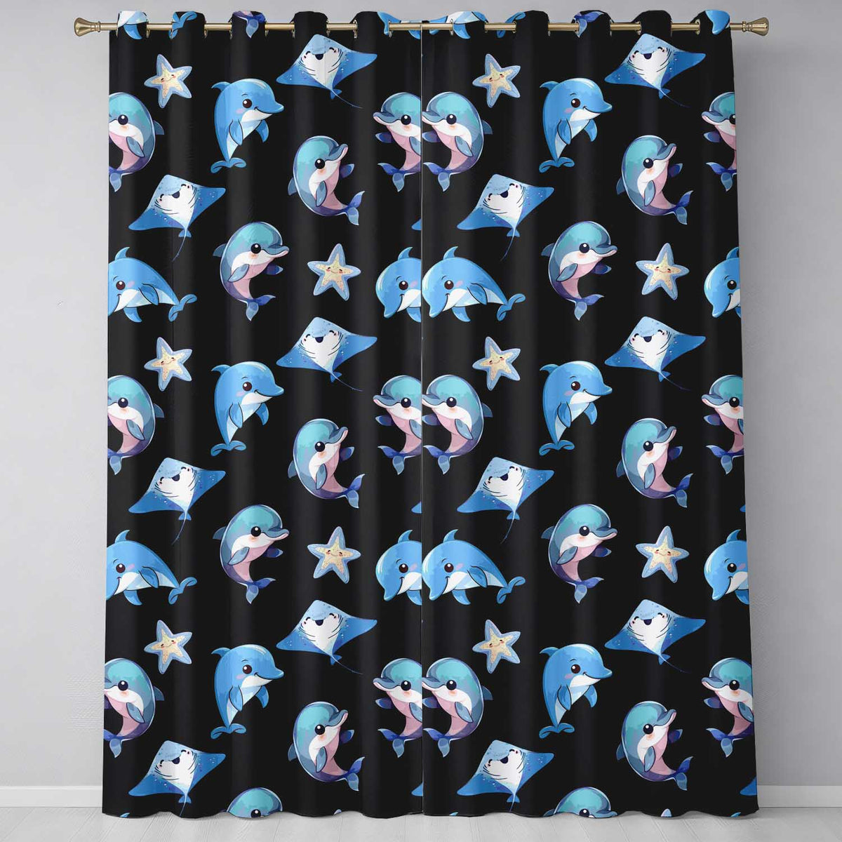 Dolphin Stingray Starfish Cartoon Sea Life  Black  Readymade Eyelet Ring Top Thermal 100% Blackout Curtains