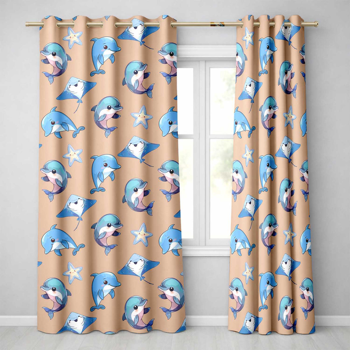 Dolphin Stingray Starfish Cartoon Sea Life  Beige  Readymade Eyelet Ring Top Thermal 100% Blackout Curtains