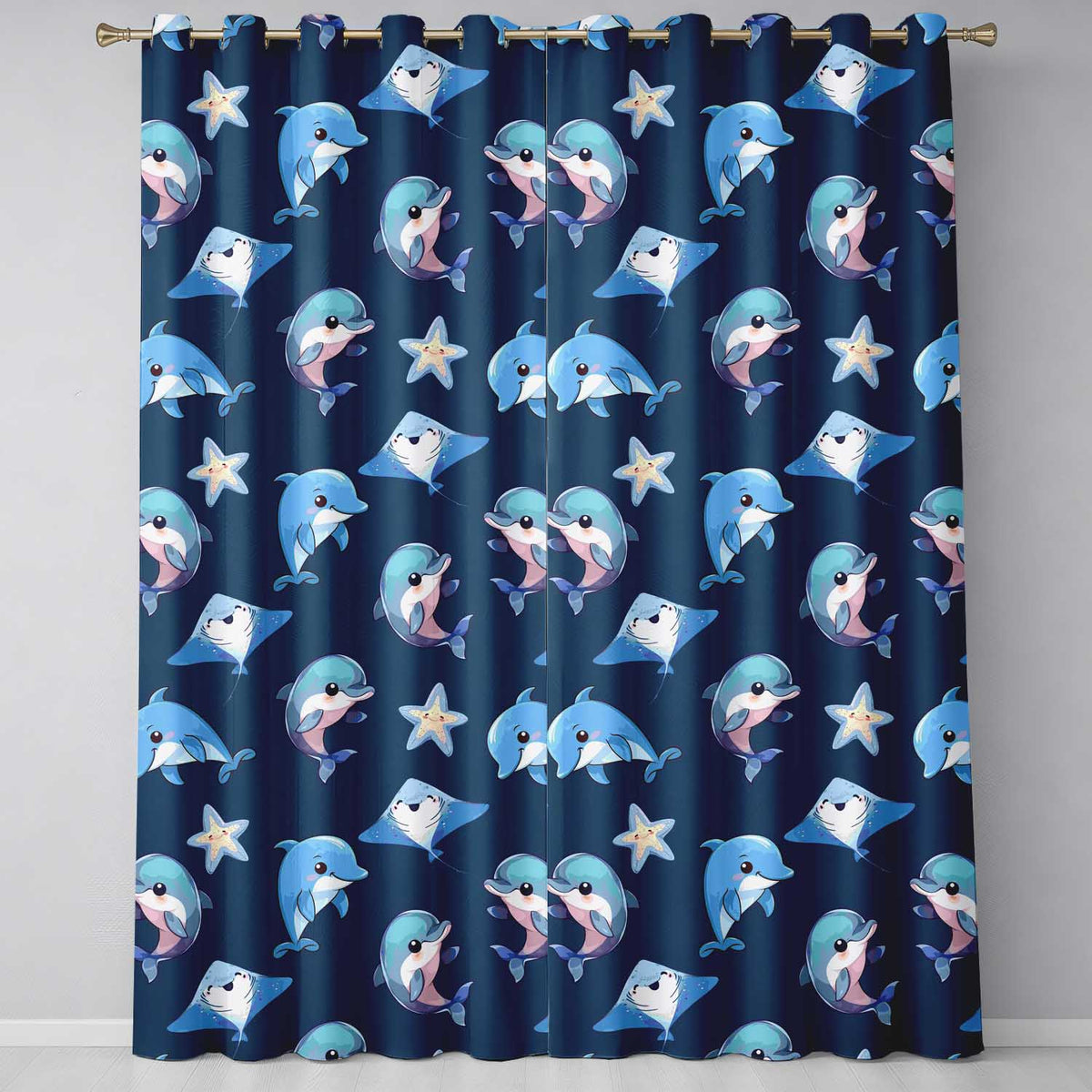 Dolphin Stingray Starfish Cartoon Sea Life  Navy  Readymade Eyelet Ring Top Thermal 100% Blackout Curtains