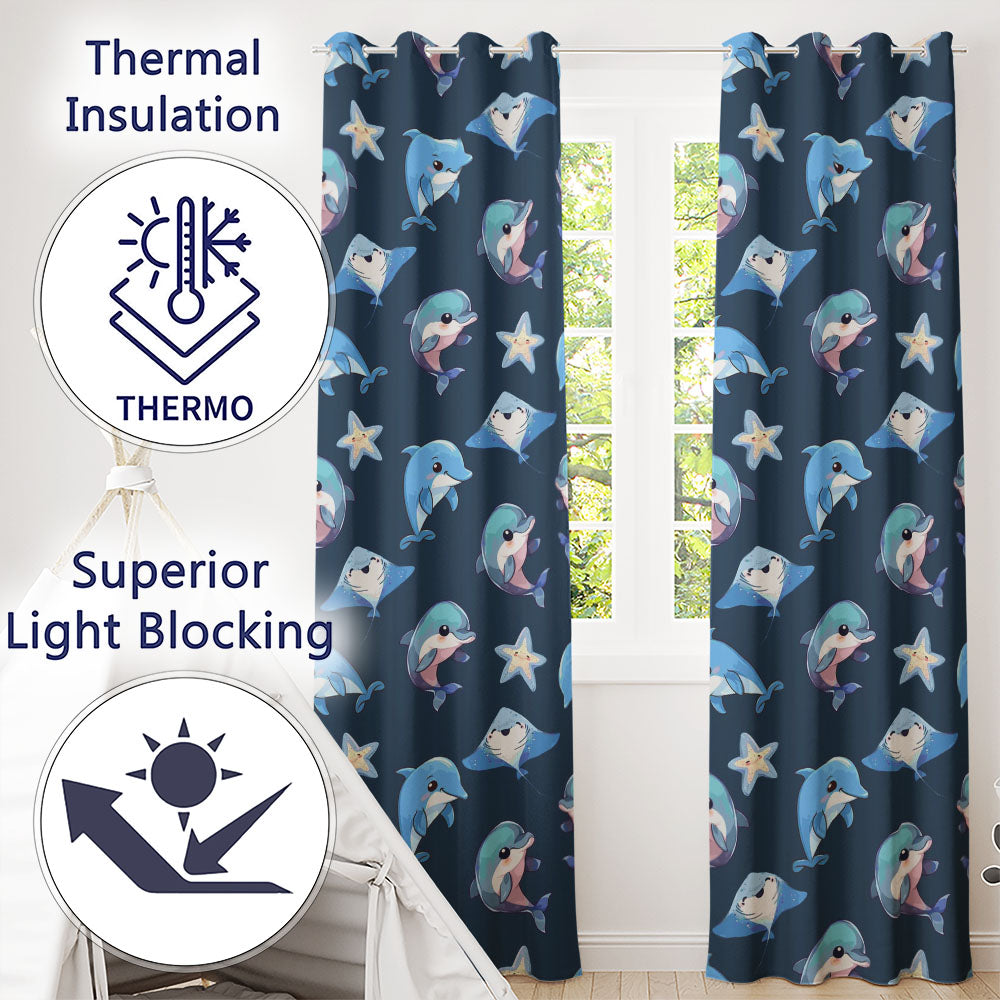 Dolphin Stingray Starfish Cartoon Sea Life  Navy  Readymade Eyelet Ring Top Thermal 100% Blackout Curtains