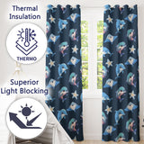 Dolphin Stingray Starfish Cartoon Sea Life  Navy  Readymade Eyelet Ring Top Thermal 100% Blackout Curtains