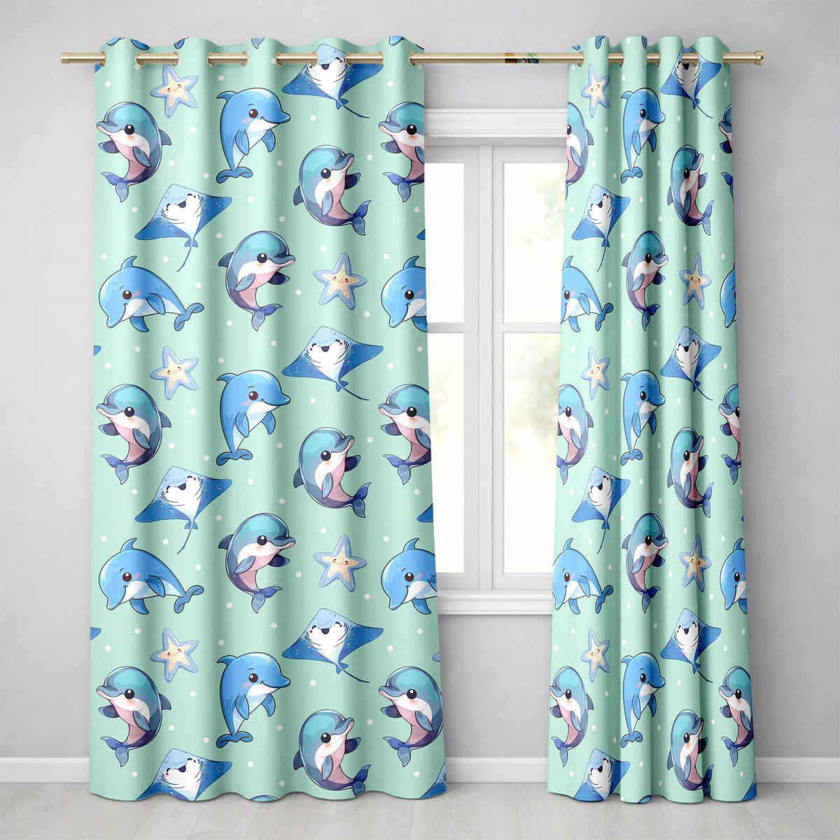 Dolphin Stingray Starfish Cartoon Sea Life  Mint  Readymade Eyelet Ring Top Thermal 100% Blackout Curtains
