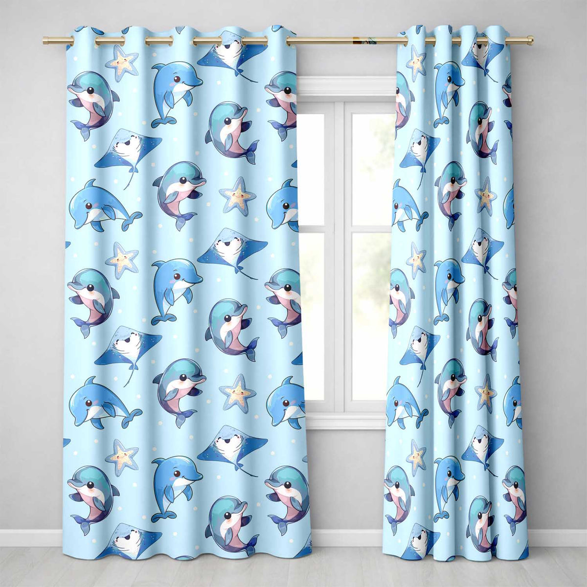 Dolphin Stingray Starfish Ocean Sea Life   Soft Aqua Background  Readymade Eyelet Ring Top Thermal 100% Blackout Curtains
