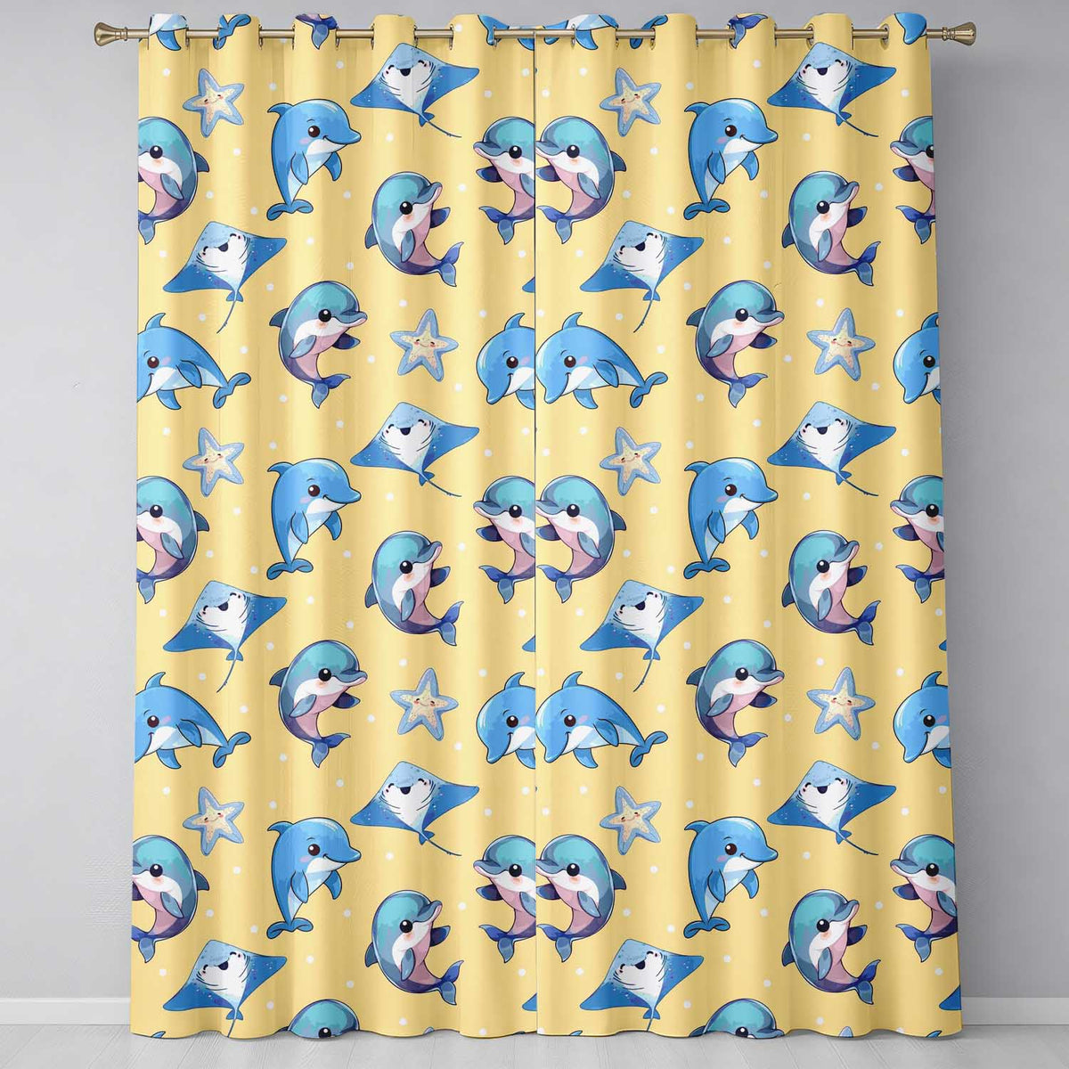 Dolphin Stingray Starfish Ocean Sea Life   Warm Beige Background  Readymade Eyelet Ring Top Thermal 100% Blackout Curtains