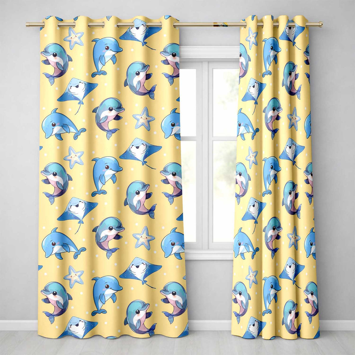 Dolphin Stingray Starfish Ocean Sea Life   Warm Beige Background  Readymade Eyelet Ring Top Thermal 100% Blackout Curtains