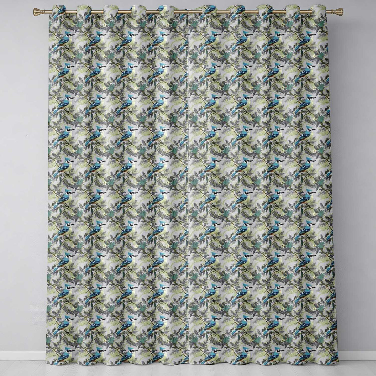 Blue Jay Bird Green Leaf Branch   Natural Woodland Botanical Design  Readymade Eyelet Ring Top Thermal 100% Blackout Curtains