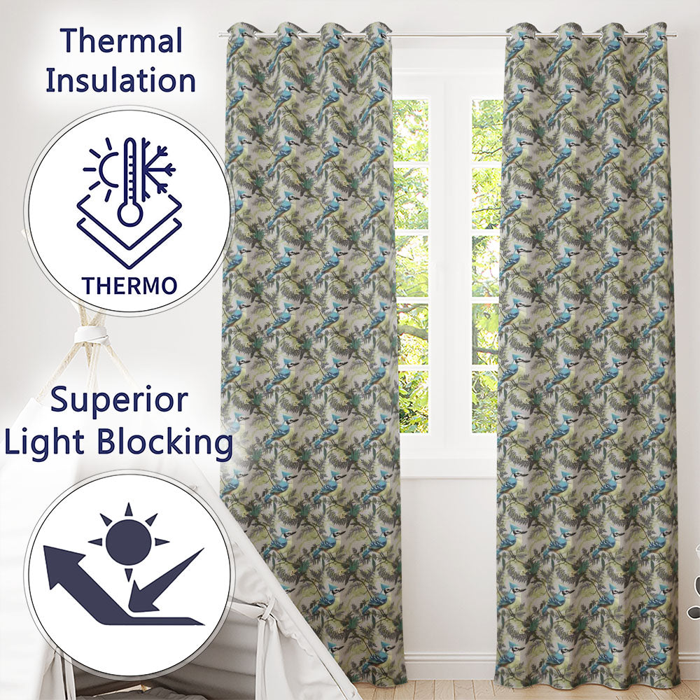 Blue Jay Bird Green Leaf Branch   Natural Woodland Botanical Design  Readymade Eyelet Ring Top Thermal 100% Blackout Curtains