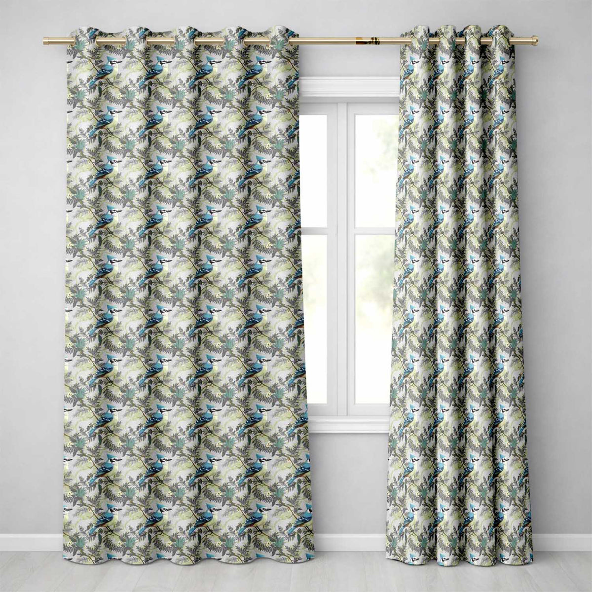 Blue Jay Bird Green Leaf Branch   Natural Woodland Botanical Design  Readymade Eyelet Ring Top Thermal 100% Blackout Curtains