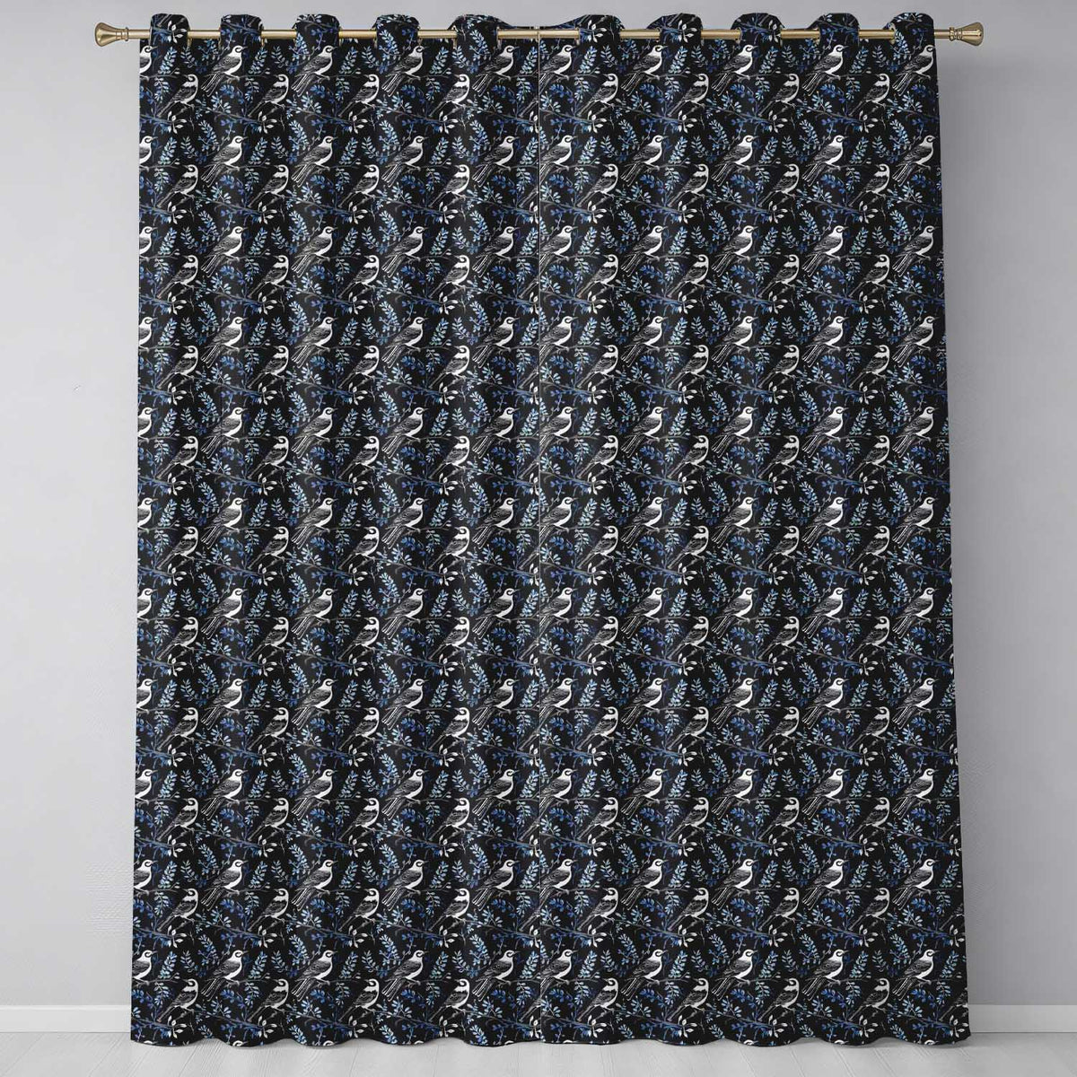 Monochrome Bird Branch Leaf Seamless  Black Blue Elegant Nature Design  Readymade Eyelet Ring Top Thermal 100% Blackout Curtains