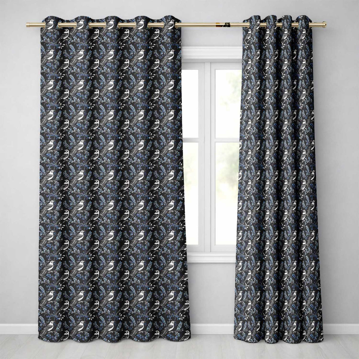 Monochrome Bird Branch Leaf Seamless  Black Blue Elegant Nature Design  Readymade Eyelet Ring Top Thermal 100% Blackout Curtains