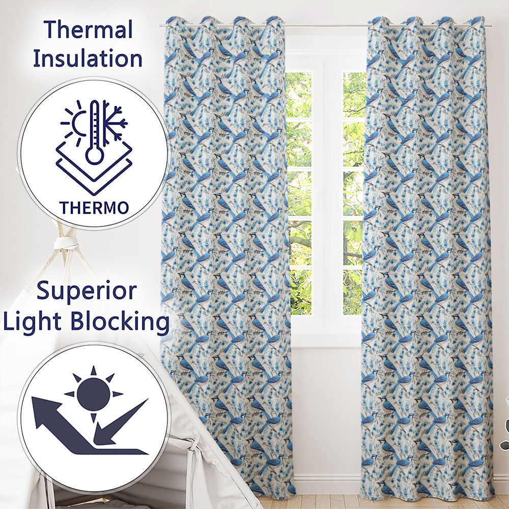 Blue Jay Bird Delicate Floral Seamless  Soft Blue Botanical Nature Design  Readymade Eyelet Ring Top Thermal 100% Blackout Curtains