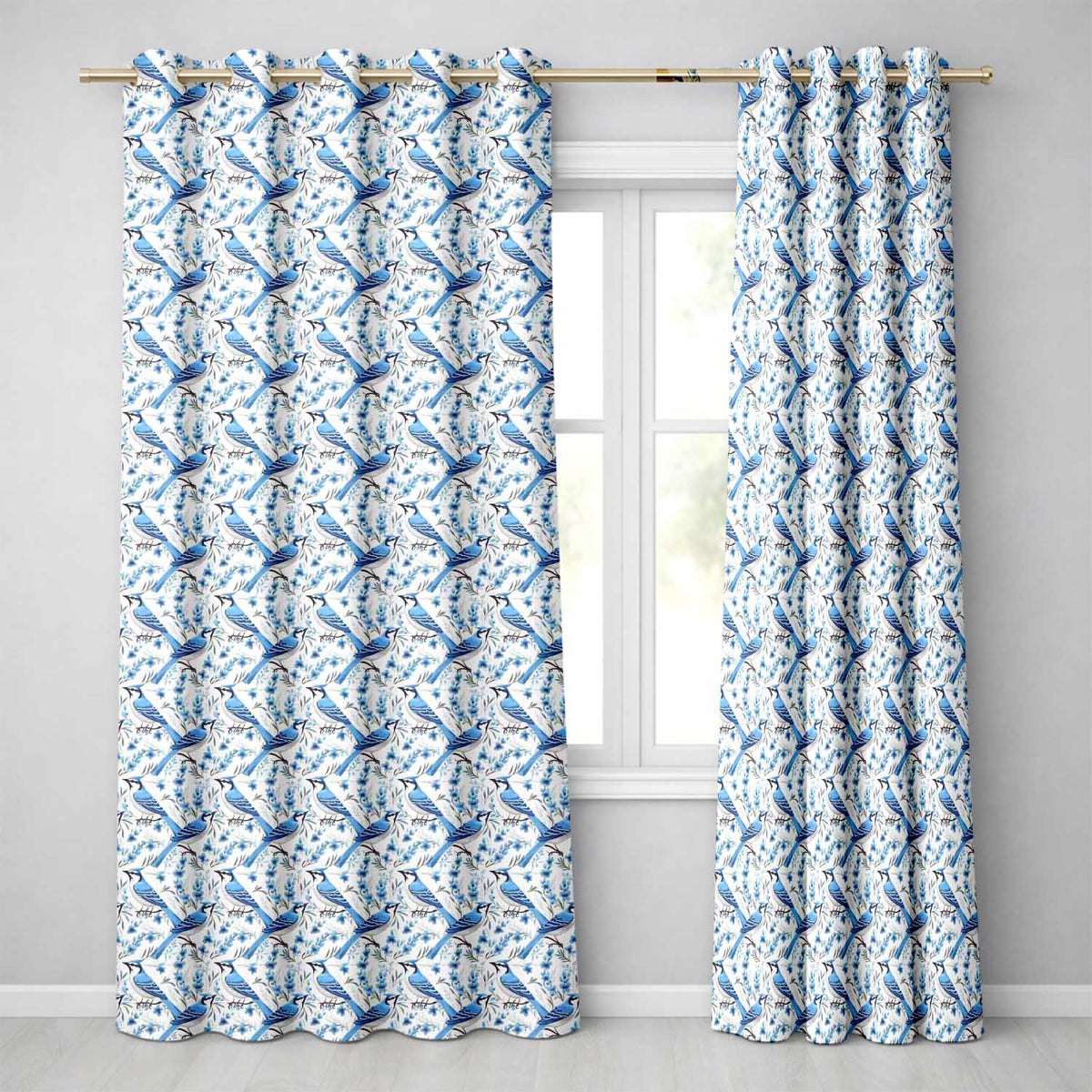 Blue Jay Bird Delicate Floral Seamless  Soft Blue Botanical Nature Design  Readymade Eyelet Ring Top Thermal 100% Blackout Curtains