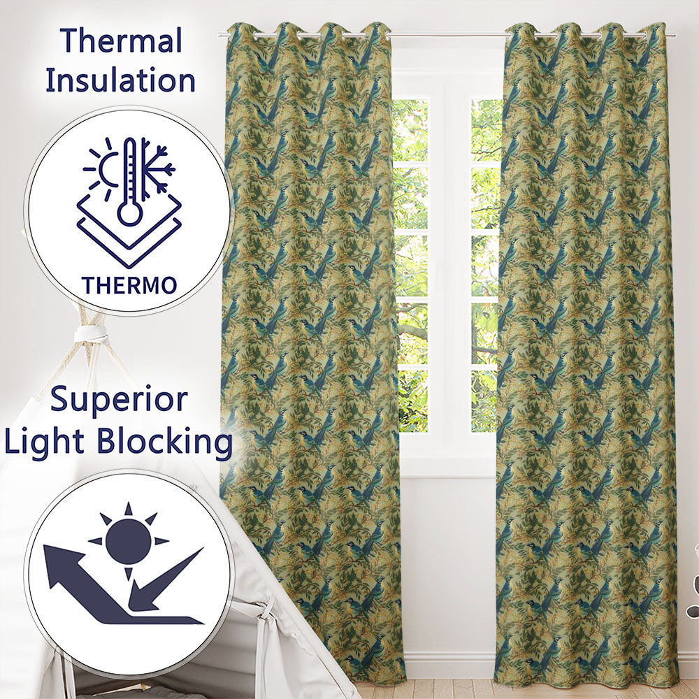 Teal Yellow Bird Botanical Branch Seamless  Vintage Nature Floral Design  Readymade Eyelet Ring Top Thermal 100% Blackout Curtains