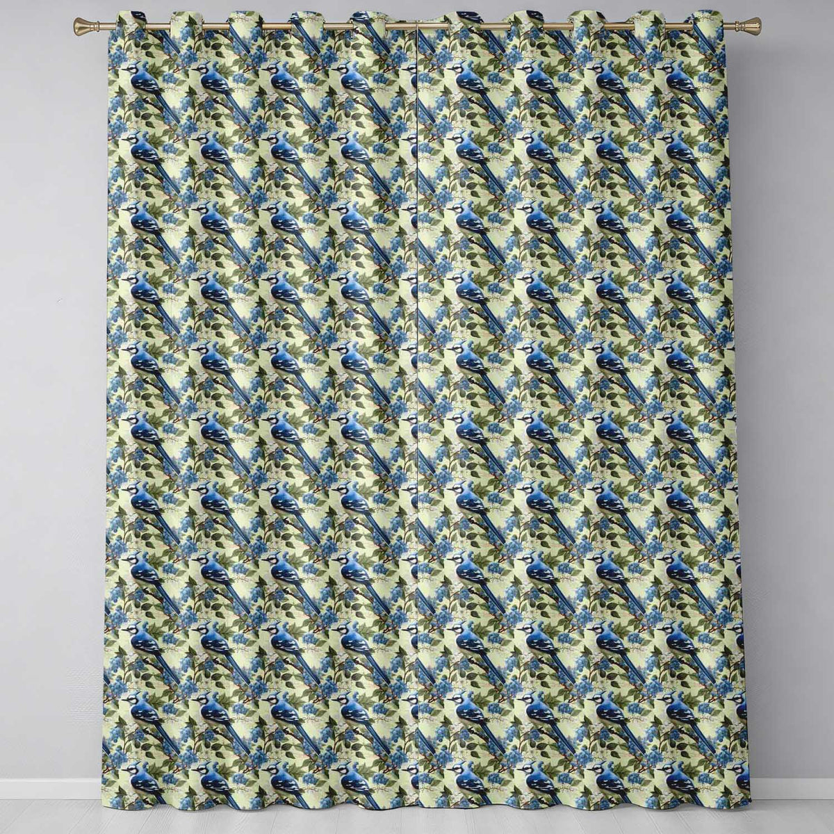 Blue Jay Bird Berry Branch Seamless  Winter Botanical Nature Design  Readymade Eyelet Ring Top Thermal 100% Blackout Curtains
