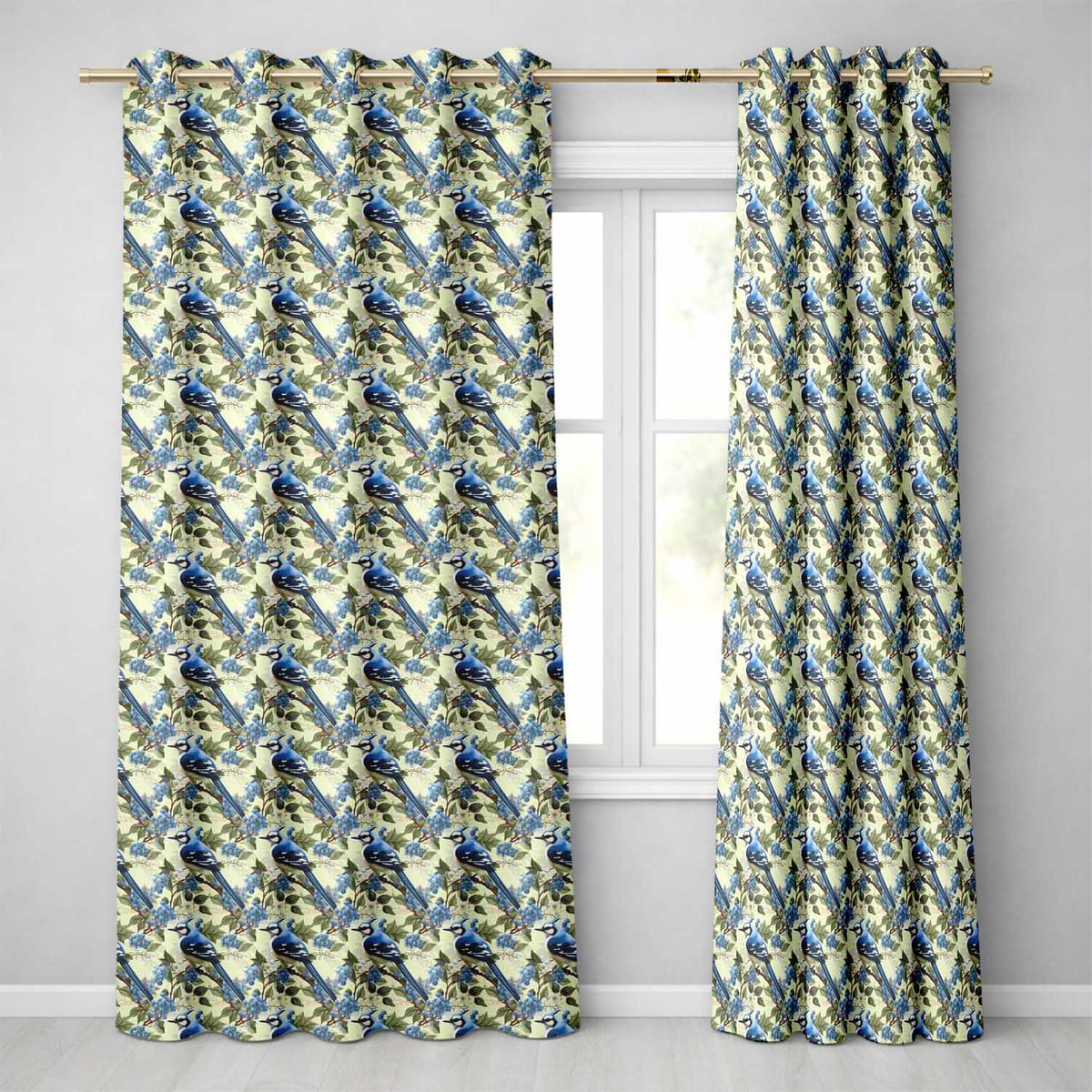 Blue Jay Bird Berry Branch Seamless  Winter Botanical Nature Design  Readymade Eyelet Ring Top Thermal 100% Blackout Curtains