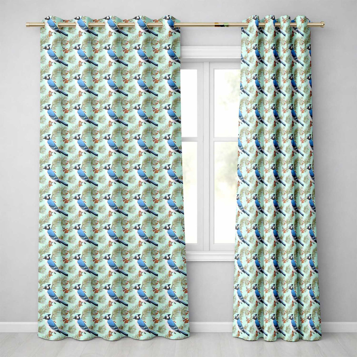 Blue Jay Bird Watercolor Branch   Artistic Nature Background Design  Readymade Eyelet Ring Top Thermal 100% Blackout Curtains