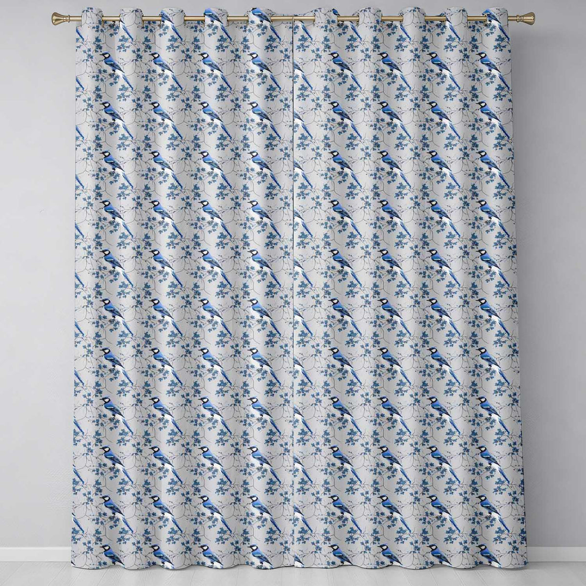 Blue Jay Bird Floral Vine Seamless  Elegant Botanical Textile Design  Readymade Eyelet Ring Top Thermal 100% Blackout Curtains