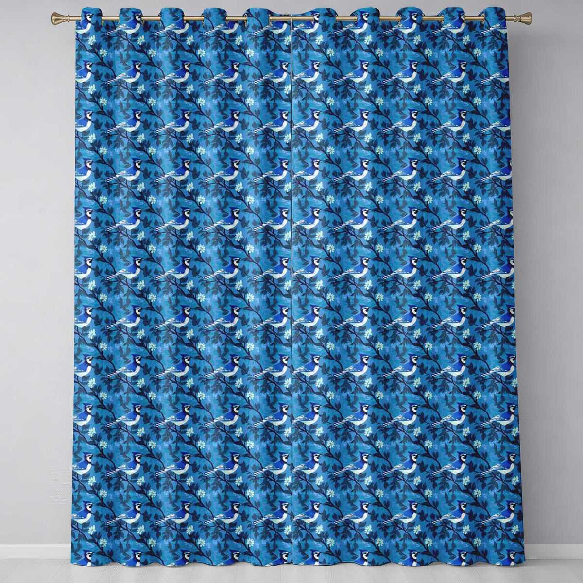 Blue Bird Floral Branch Silhouette Blue Tone Seamless  Readymade Eyelet Ring Top Thermal 100% Blackout Curtains