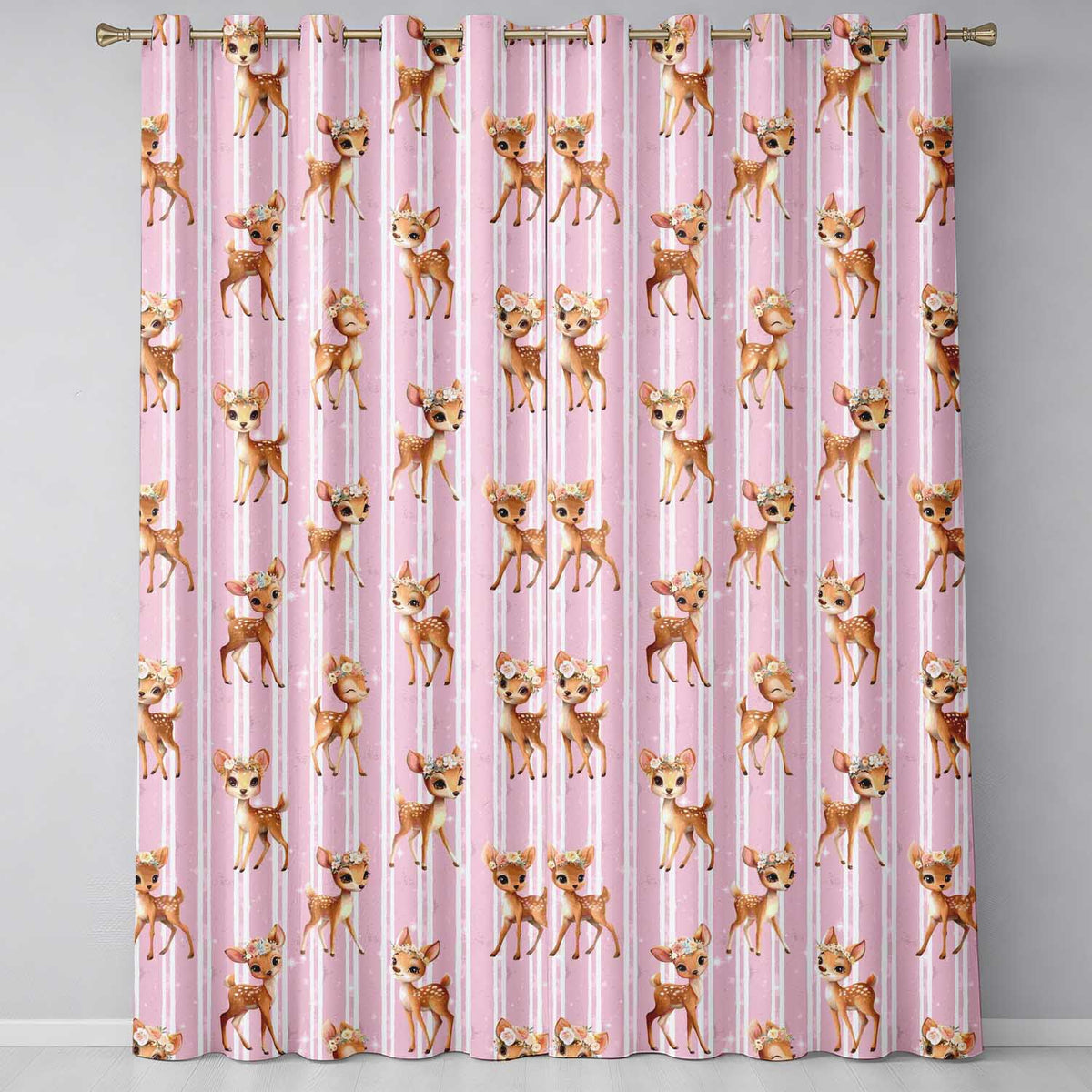 Baby Deer Pink Stripes Floral Crown Seamless  Readymade Eyelet Ring Top Thermal 100% Blackout Curtains