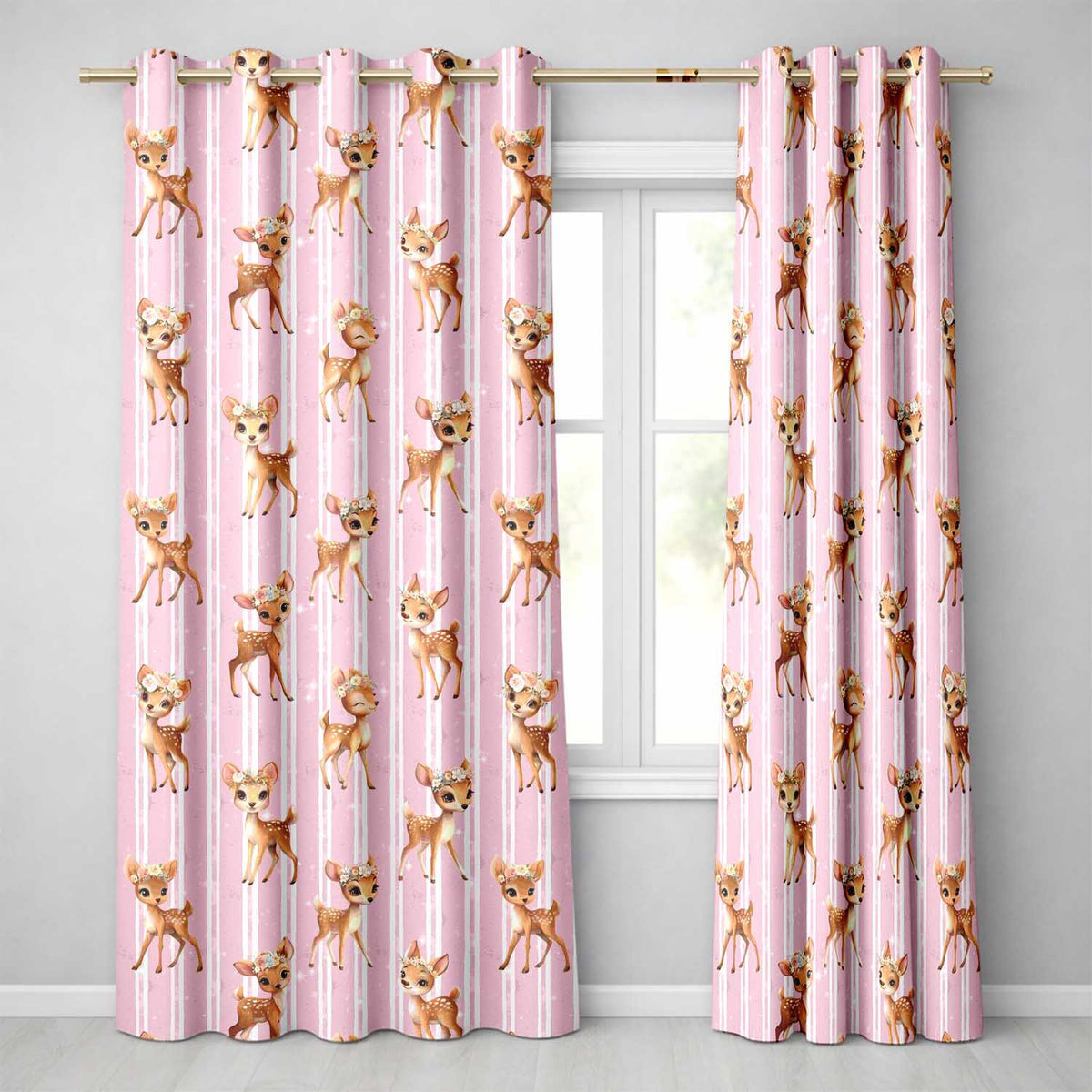 Baby Deer Pink Stripes Floral Crown Seamless  Readymade Eyelet Ring Top Thermal 100% Blackout Curtains
