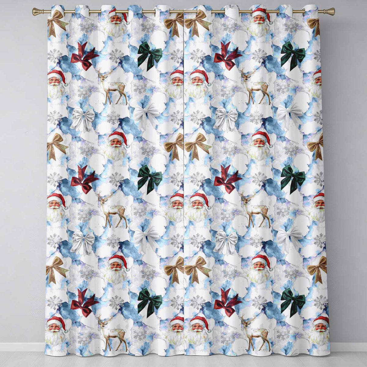 Christmas Santa Reindeer Snowflake Bow Festive Seamless  Readymade Eyelet Ring Top Thermal 100% Blackout Curtains