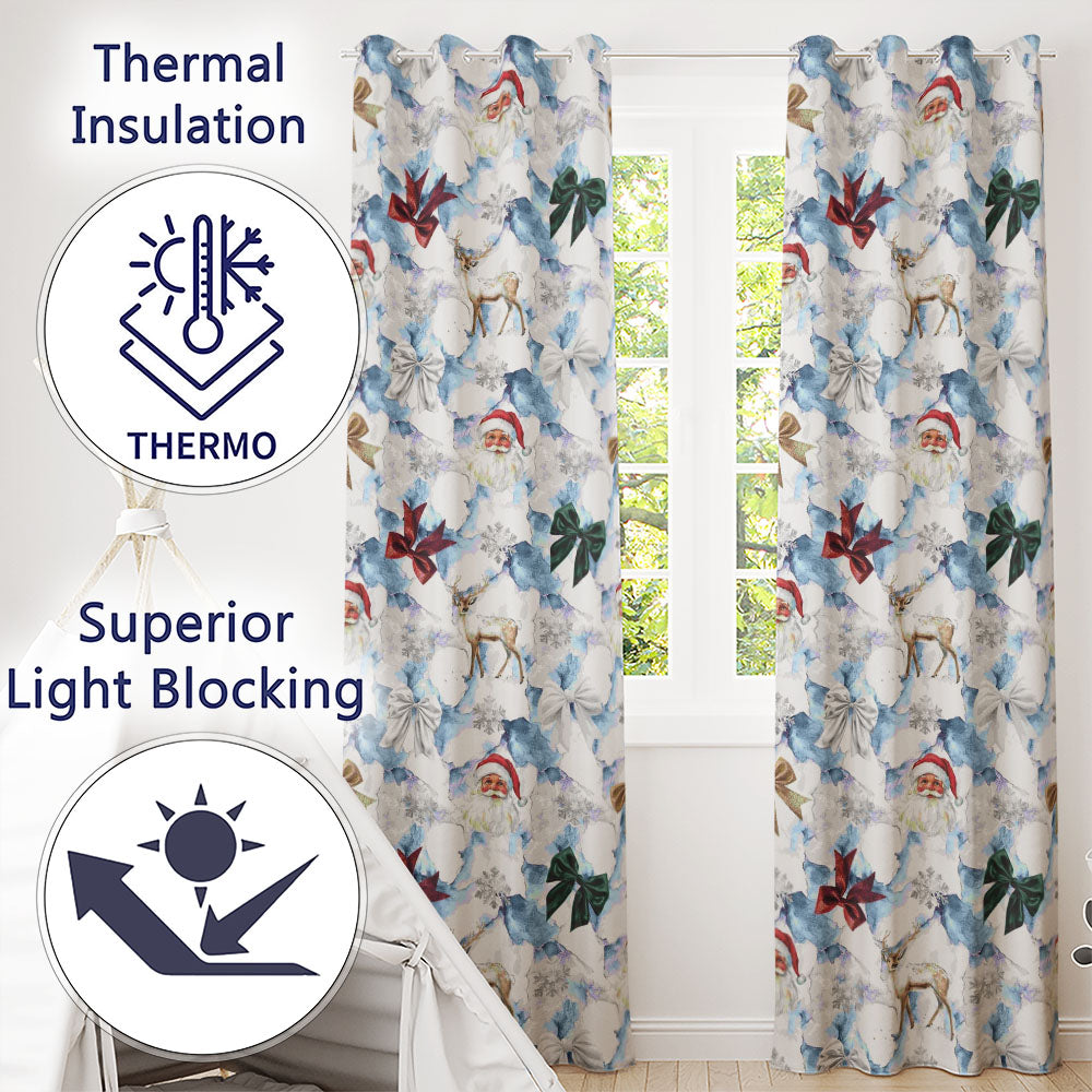 Christmas Santa Reindeer Snowflake Bow Festive Seamless  Readymade Eyelet Ring Top Thermal 100% Blackout Curtains