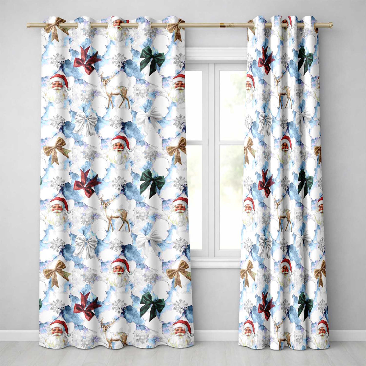 Christmas Santa Reindeer Snowflake Bow Festive Seamless  Readymade Eyelet Ring Top Thermal 100% Blackout Curtains