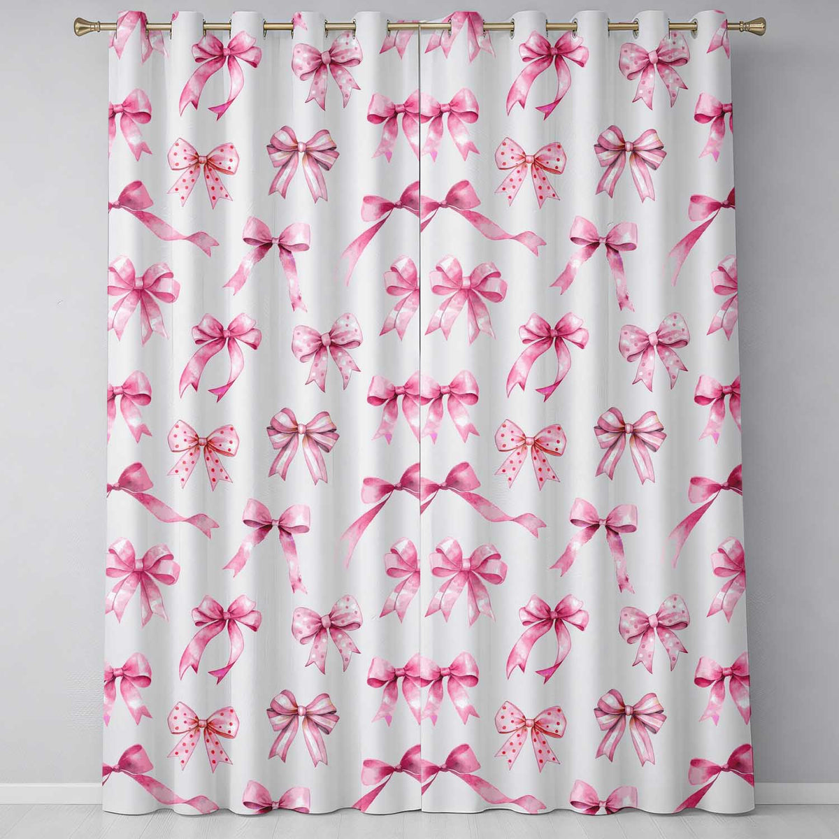 Watercolor Pink Ribbon Bows White Background Seamless  Readymade Eyelet Ring Top Thermal 100% Blackout Curtains