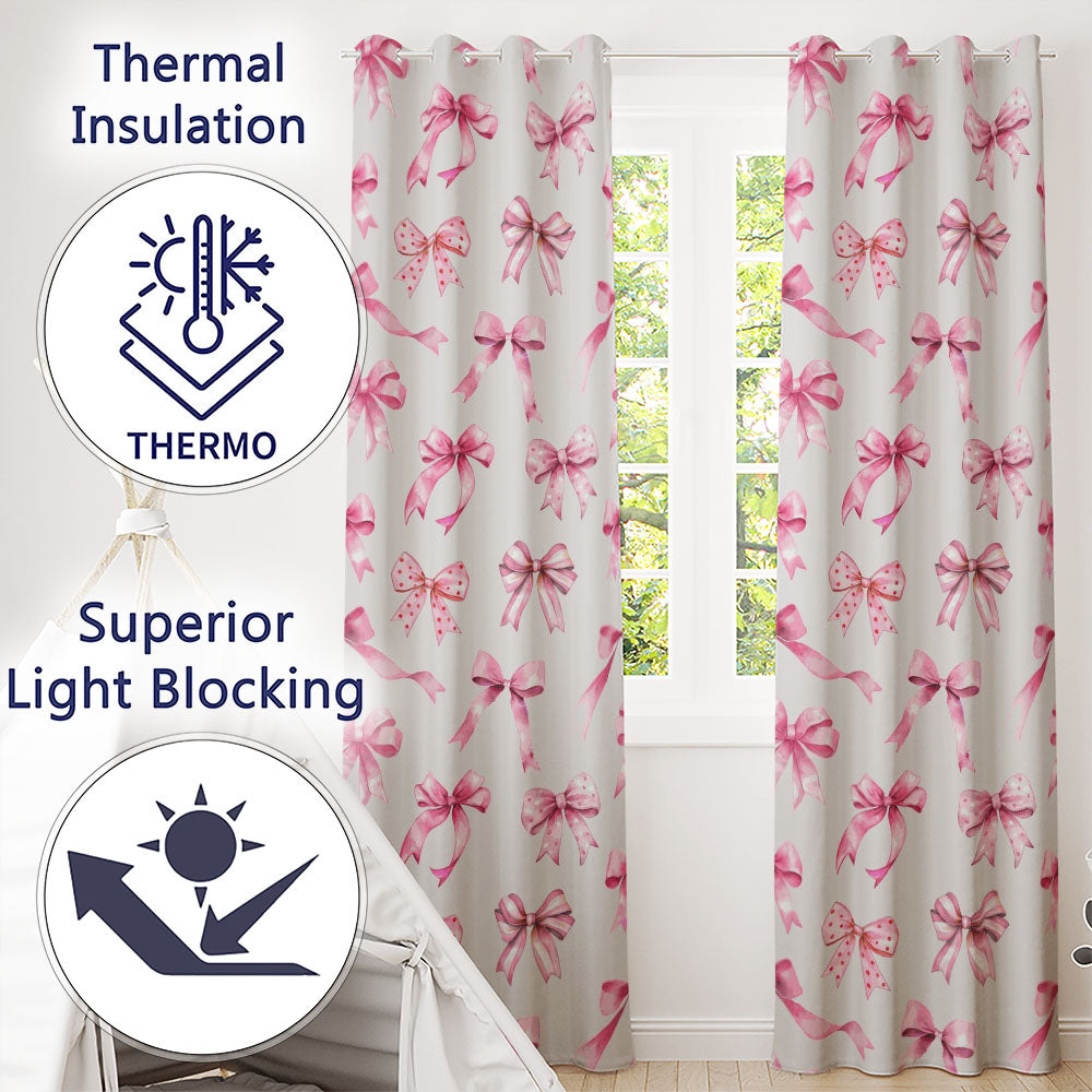 Watercolor Pink Ribbon Bows White Background Seamless  Readymade Eyelet Ring Top Thermal 100% Blackout Curtains