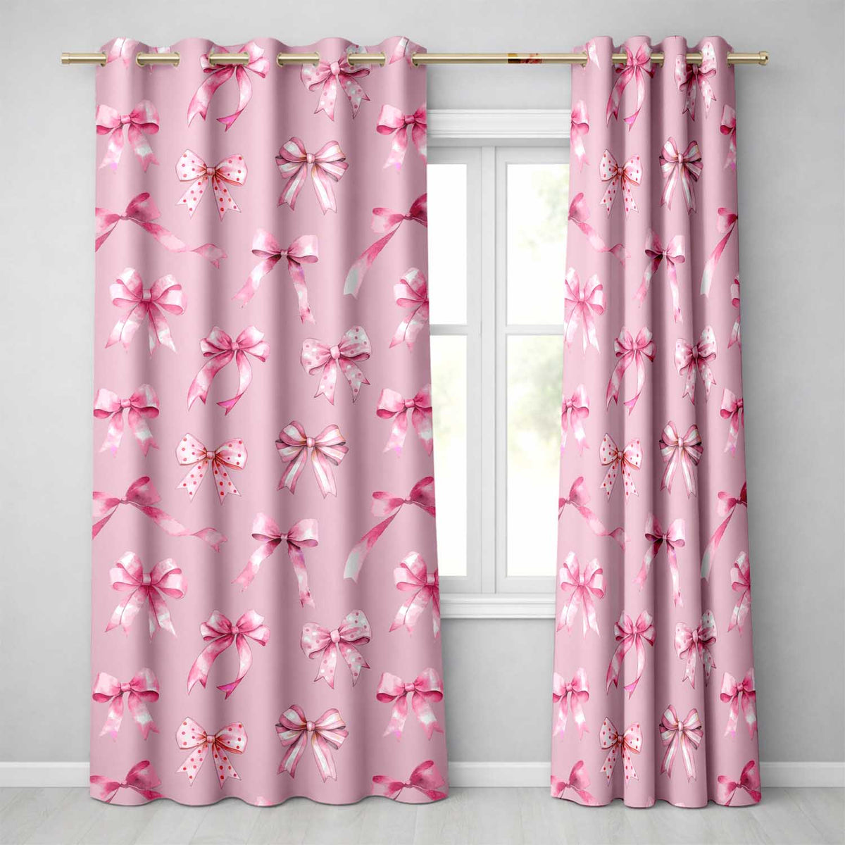 Watercolor Pink Ribbon Bows Pink Background Seamless  Readymade Eyelet Ring Top Thermal 100% Blackout Curtains