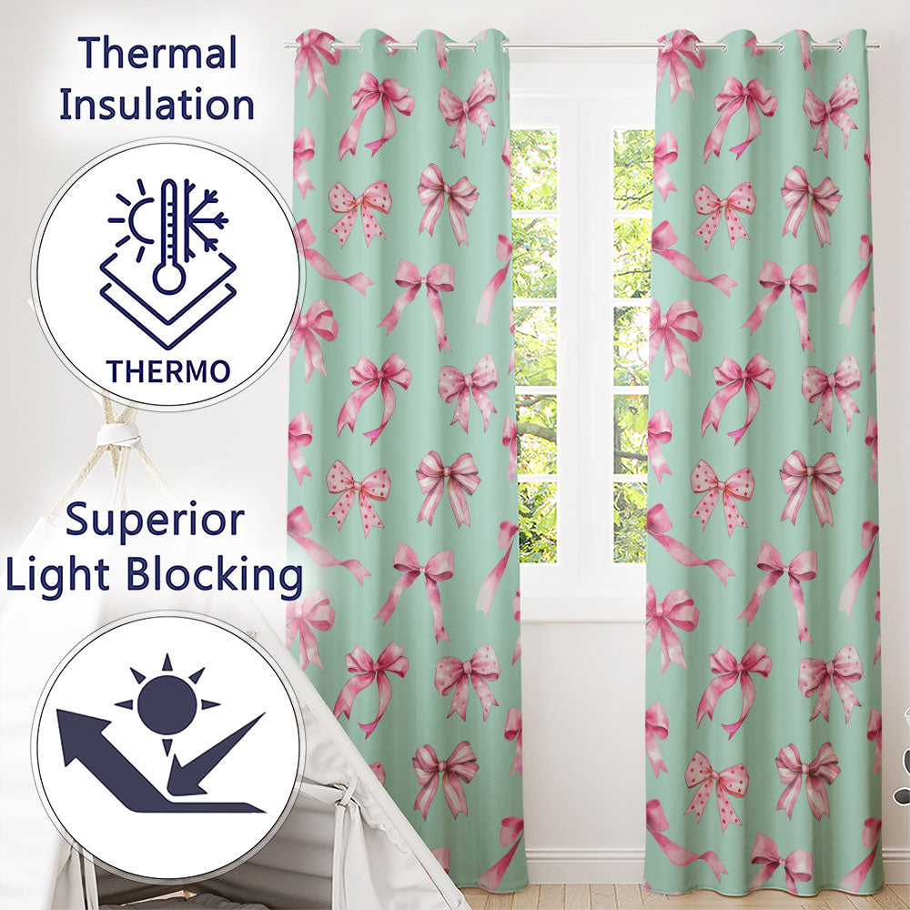 Watercolor Pink Ribbon Bow Seamless  on Teal Background  Readymade Eyelet Ring Top Thermal 100% Blackout Curtains