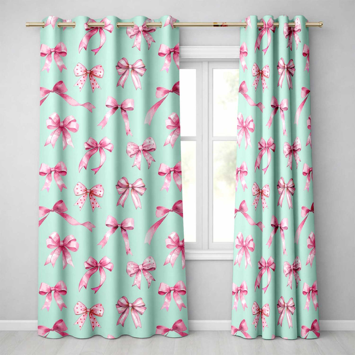 Watercolor Pink Ribbon Bow Seamless  on Teal Background  Readymade Eyelet Ring Top Thermal 100% Blackout Curtains