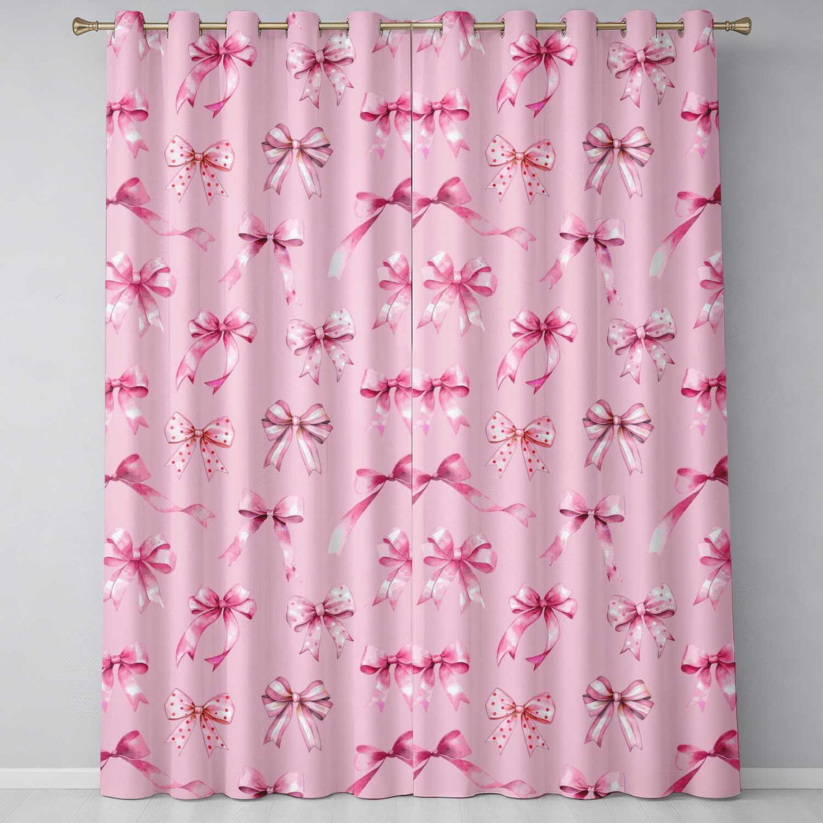 Watercolor Pink Ribbon Bow Seamless  on Soft Pink Background  Readymade Eyelet Ring Top Thermal 100% Blackout Curtains