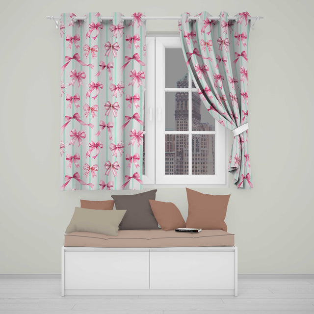 Watercolor Pink Ribbon Bow Seamless  with Mint Green Stripes Background  Readymade Eyelet Ring Top Thermal 100% Blackout Curtains
