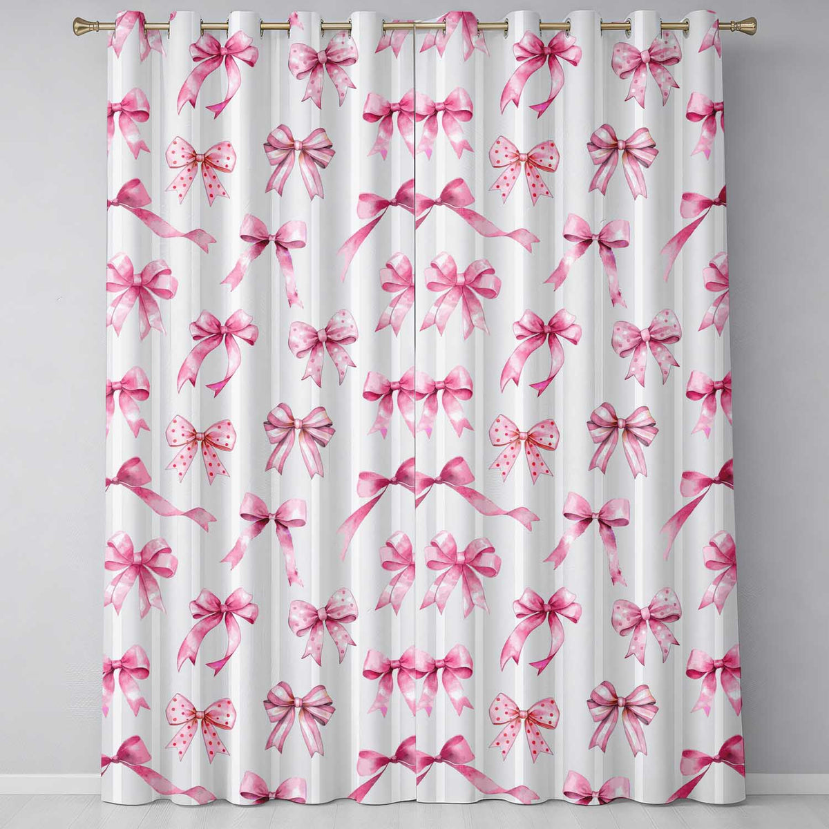 Watercolor Pink Ribbon Bow Seamless  with Grey Stripes Background  Readymade Eyelet Ring Top Thermal 100% Blackout Curtains